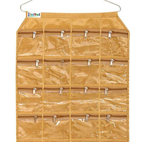 Hanging Jewellery Organisers with 20 Zipper Pockets|Metal Hanger -Golden