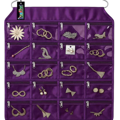 Hanging Jewellery Organisers with 20 Zipper Pockets|Metal Hanger -Purple